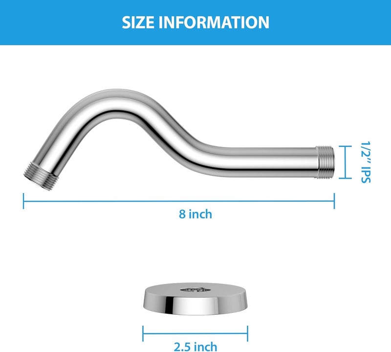 Lordear 8 Inch Chrome Curved Shower Arm Extension With Flange, T304 Stainless Steel Pipe for Rain Shower Heads - Image 5